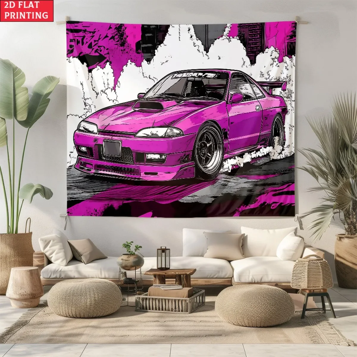 Vibrant Pink JDM Sports Car Tapestry, Modified Drift Car Wall Hanging, Modern Room Decor suitable offices bars party