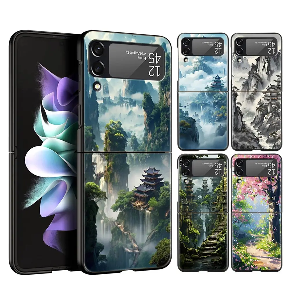 Phone Case For Samsung Galaxy Z Flip 3 4 5 Hard Black Folding PC Luxury For Samsung Z Flip3 Cover Protect Shell Landscape Art