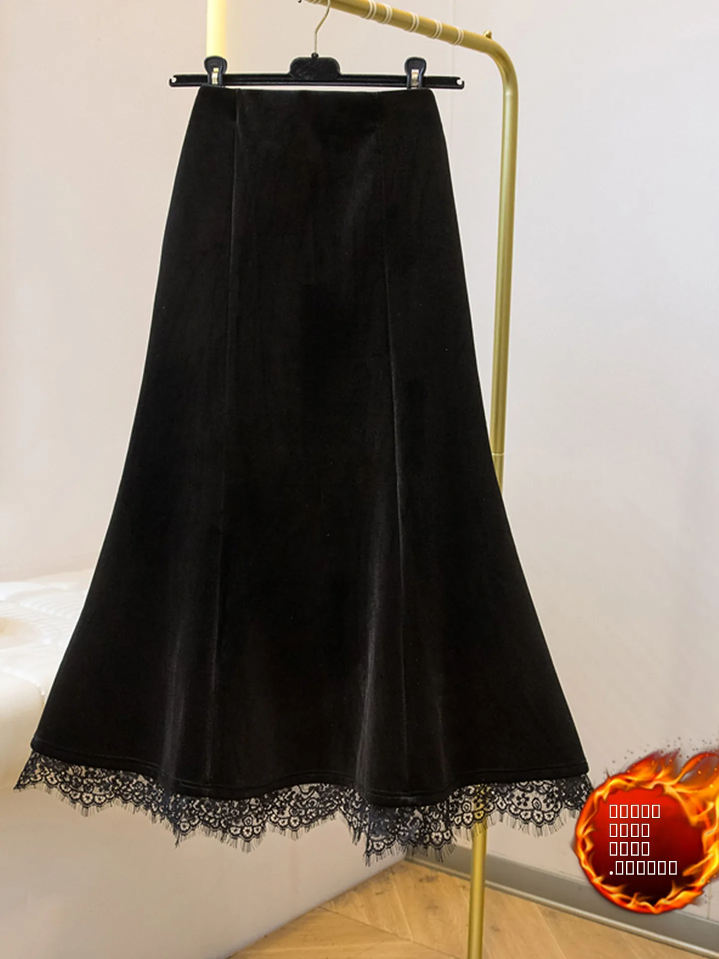

Бархатная юбка макси с кружевными вставками для женщин больших размеров, осенне-зимняя, с высокой талией, в корейском стиле, для офиса