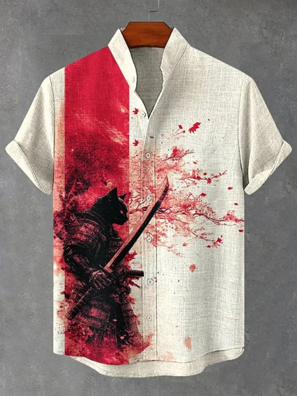 남성용 반팔 스탠드 칼라 셔츠, 일본 복고풍 아트 프린트 버튼 업 셔츠, 남성용 플러스 사이즈 리넨 셔츠 XS-5XL