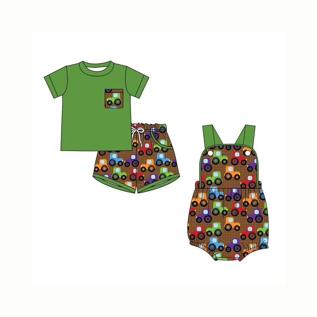 Hot Sale Toddler Farm Kids Clothing Summer  Green Tee Boys Colorful Tractor Shorts Set With Baby Romper