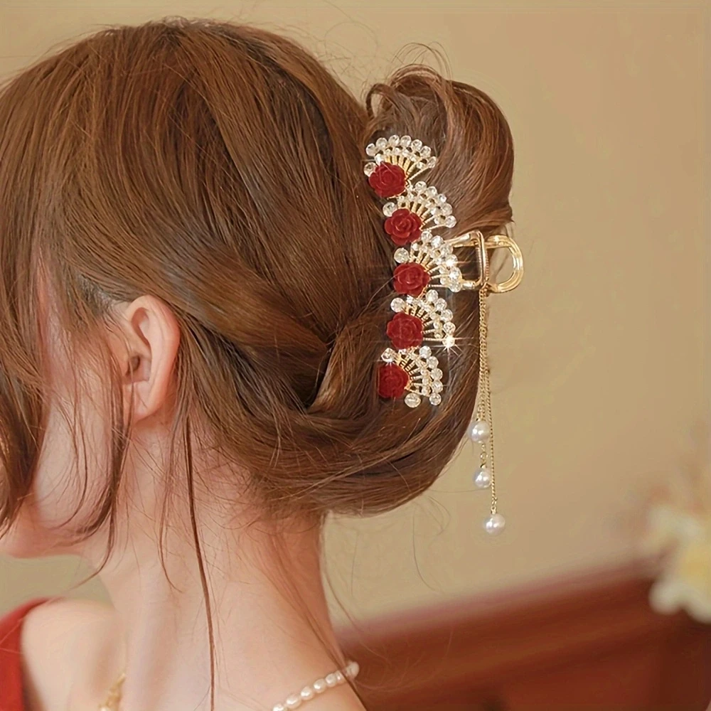 1pc zinc alloy rhinestone red rose hair ornament, retro high-end light luxury headwear, large elegant grab clip on the back of t