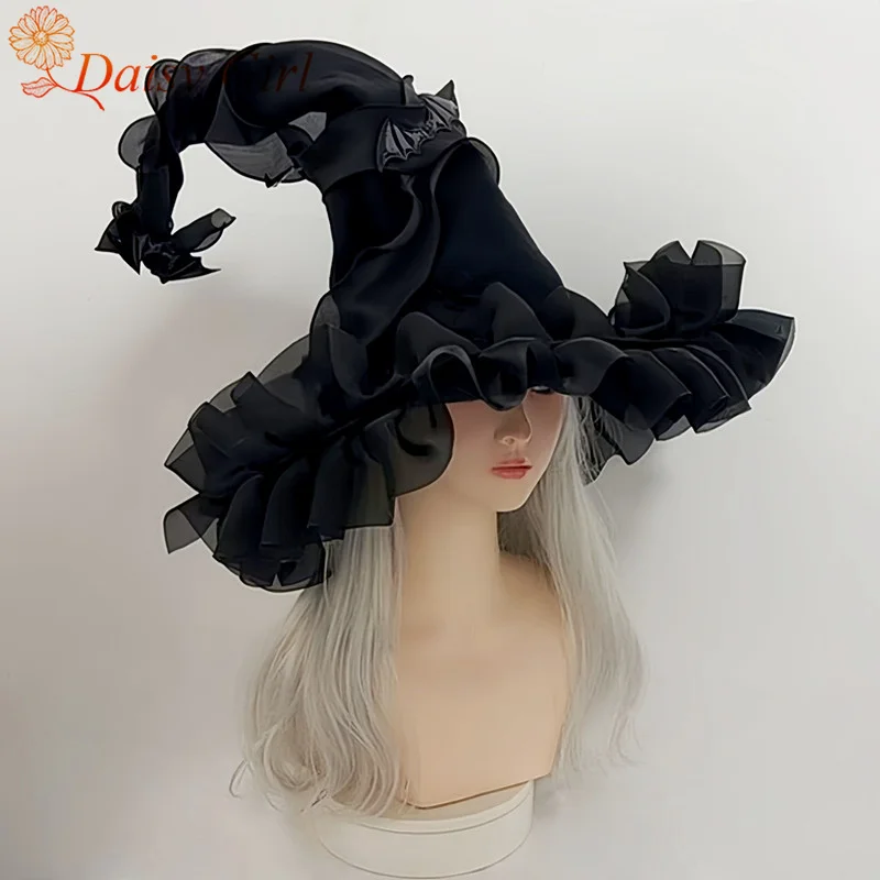 New Halloween Witch Hat Lace Dark Bat Wizard Big Blade Hat Lolita Dress up Cosplay Headdress Props