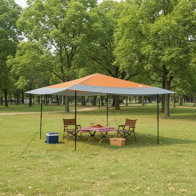 Gazebo para exteriores de 395 x 395 x 251 cm. Hecho de polietileno con una estructura de acero resistente, es tanto robusto como fácil de mover. Este material garantiza que la tienda de campaña se mantenga en buen estado incluso con uso frecuente.