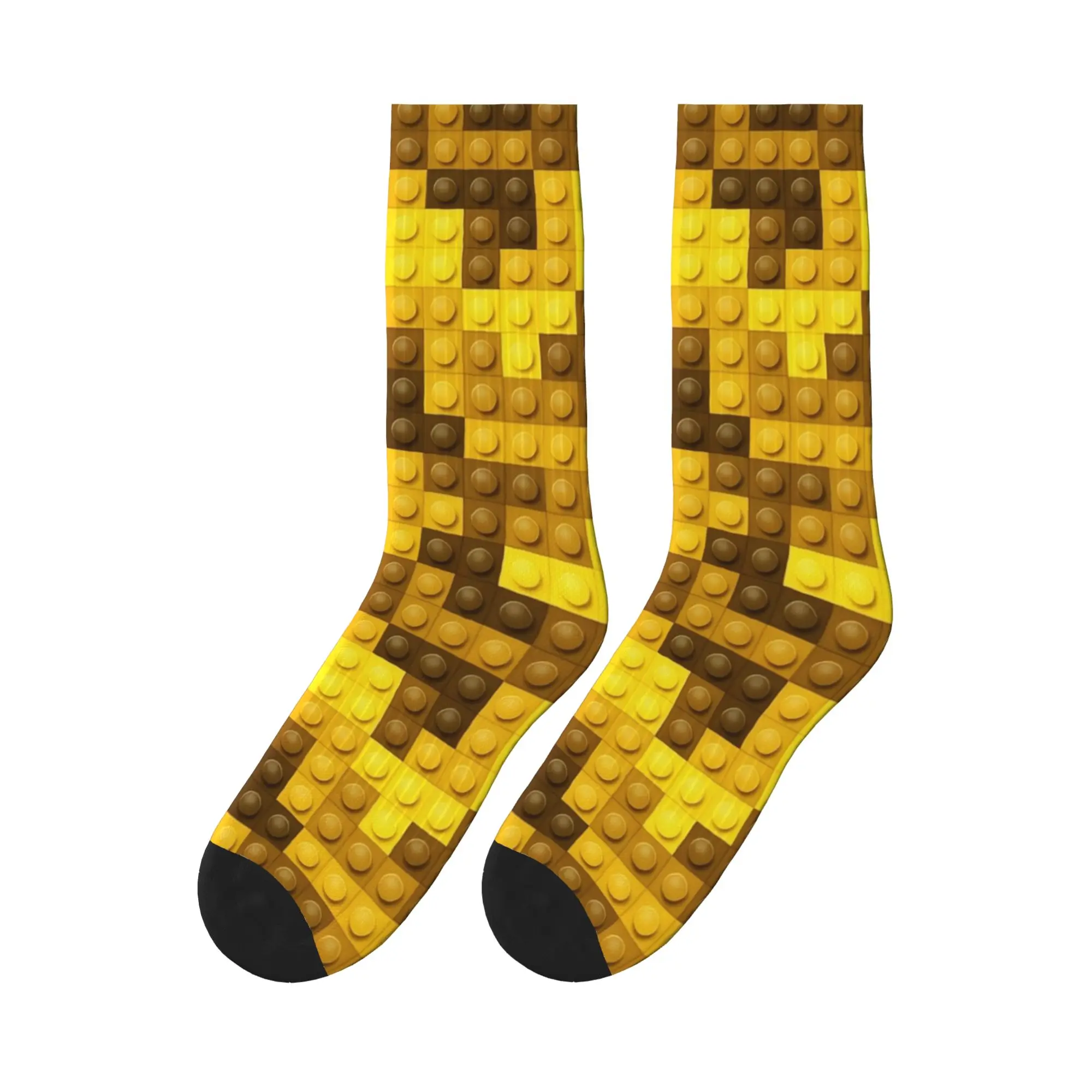 Men Socks Brown Yellow Gradient Building Blocks Pattern Stockings Winter Leisure Comfortable Socks Graphic Cycling Anti Socks