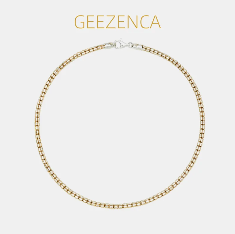 GEEZENCA 925 Silver Two Toned Beaded Chain Necklace Womens Italian Luxury Jewelry Sparkle Layered 40cm Chokers Necklaces Gift