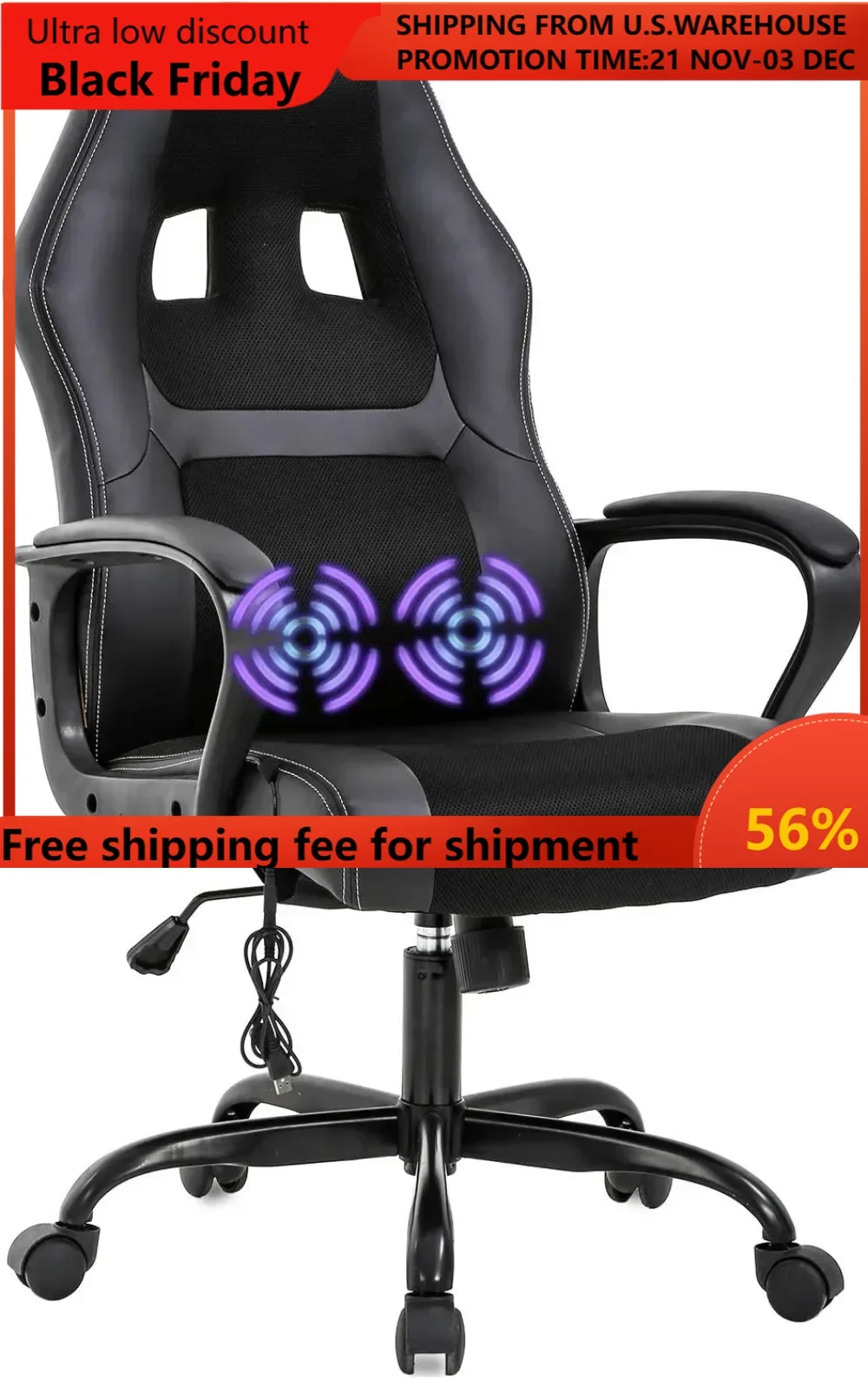 

PC Gaming Chair Massage Office Chair Ergonomic Desk Chair Adjustable PU Leather Racing Chairwith Lumbar Support Headrest