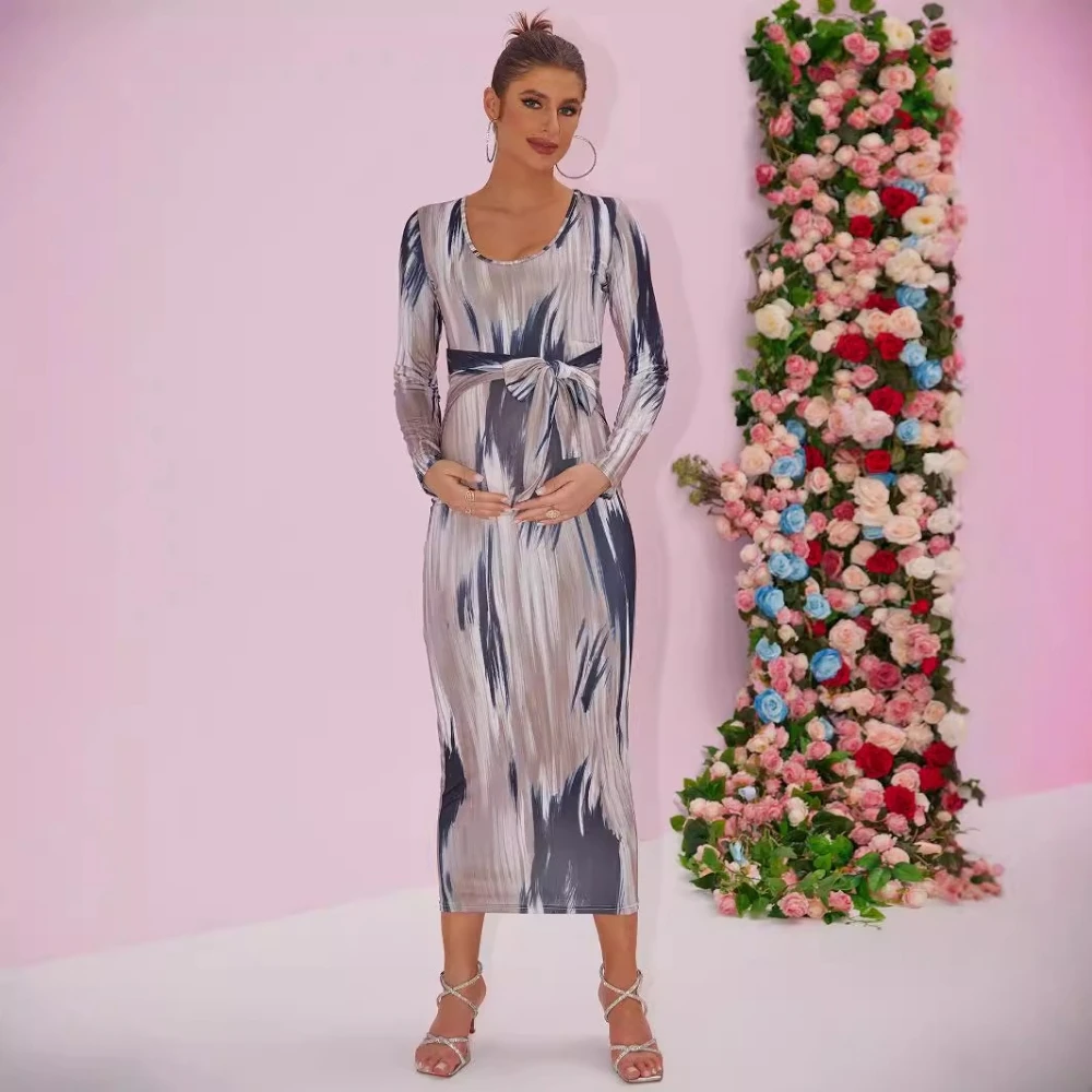 Pregnancy Dresses Party French Dress Autumn New Sexy Maternity Long Sleeve Printed Maxi  Formal Dress for Women Maternity Outfit