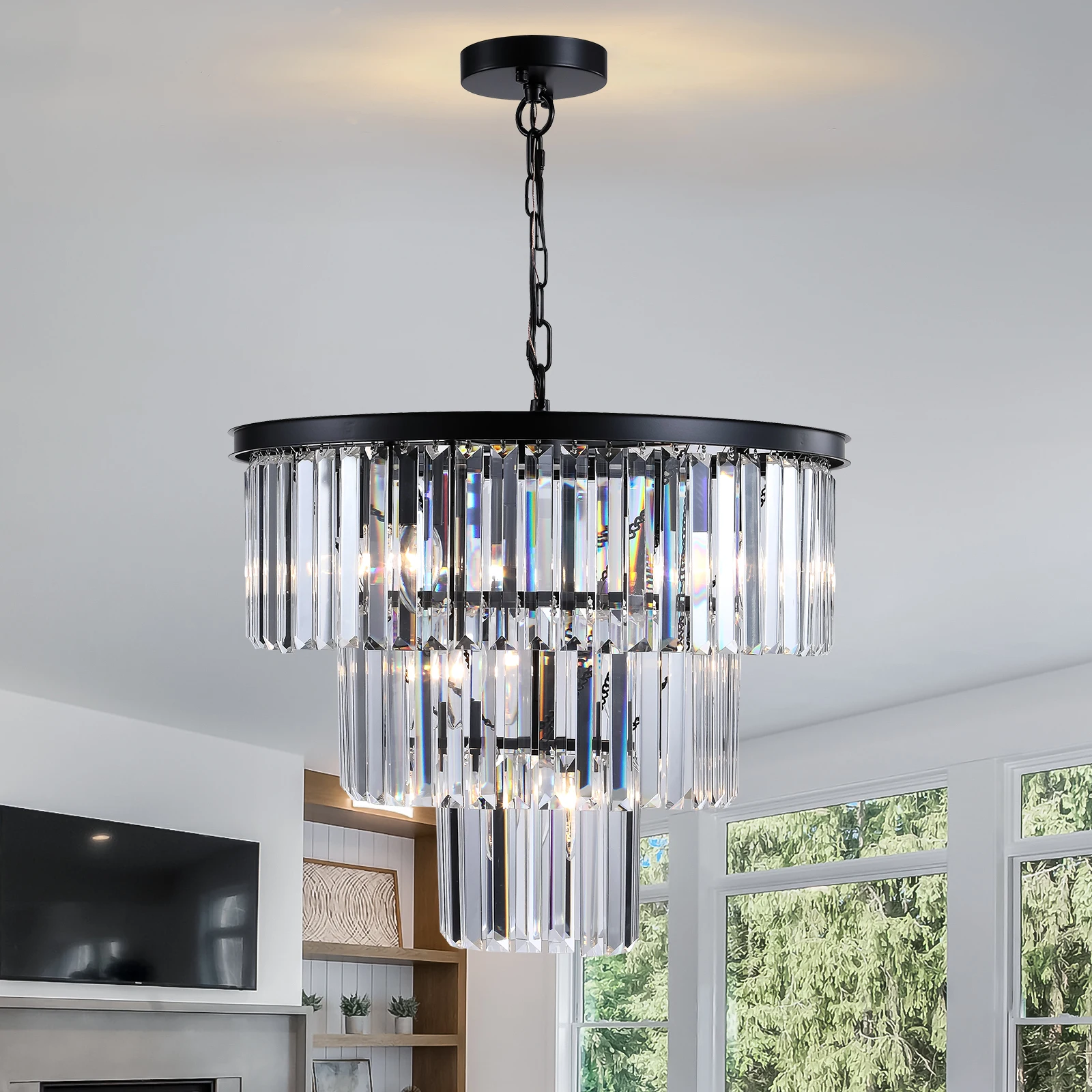 

19.7" Crystal Chandelier Modern Flush Mount 3 Tiers Raindrops Crystal Pendant Lighting Fixture Decoration,Black+Transparent