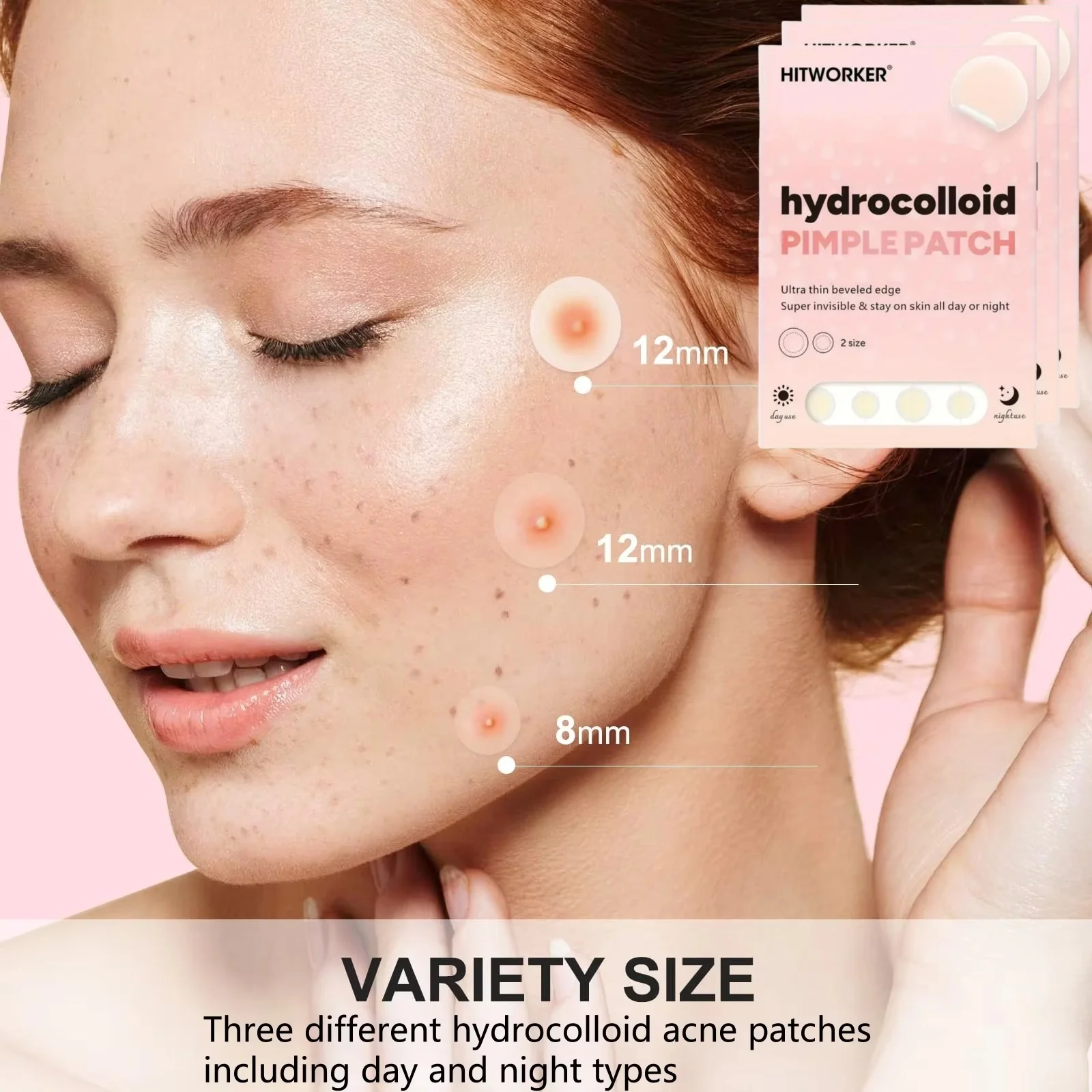 144/288 قطعة من رقع حب الشباب HITWORKER - مقاسين، مناسبة لجميع ألوان البشرة باللون البيج الفاتح للاستخدام الليلي والليلي