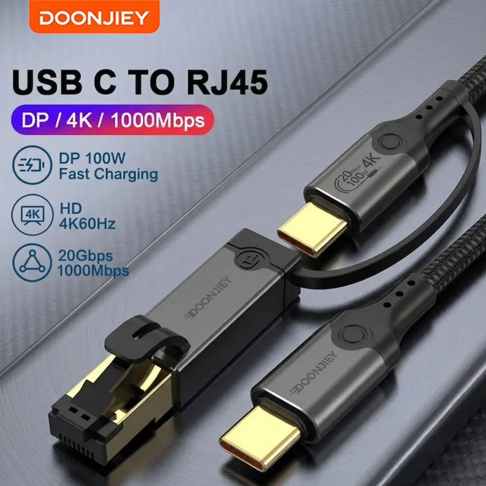 DOONJIEY USB C to Ethernet Adapter 4K 20Gbps 100W PD Cable, 1000Mbps Gigabit Network LAN Converter for MacBook Laptop PC