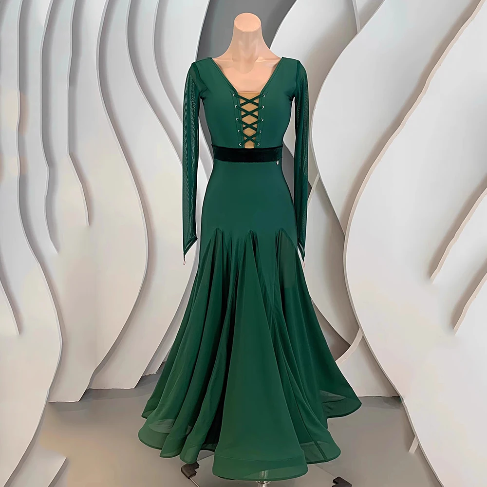 Abito da ballo latino da sala personalizzato da donna 2025 Nuovi costumi di pratica di danza moderna Abiti da competizione standard per valzer Verde