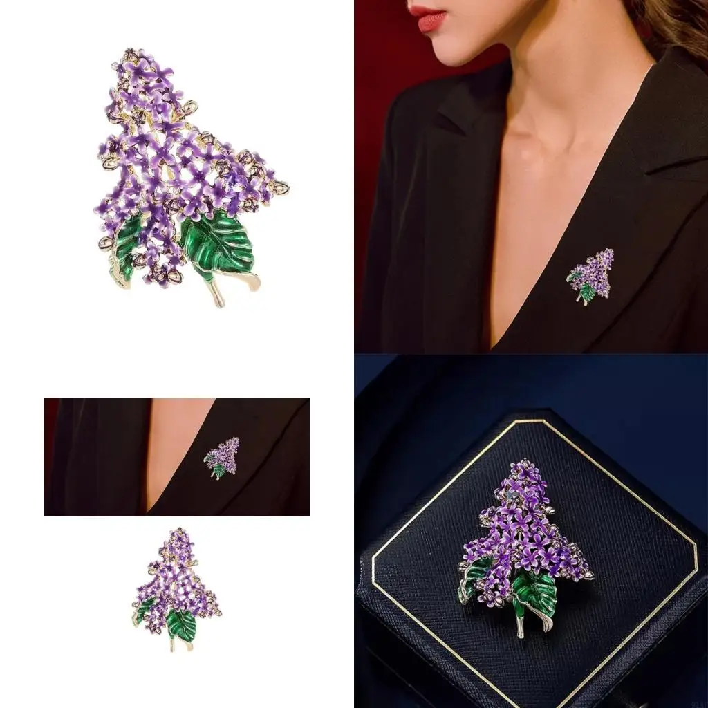 91AF Elegant Hand Enamel Lilacs Flower Pin Portable Wearable Art Pieces With Safety Lock Mechanism