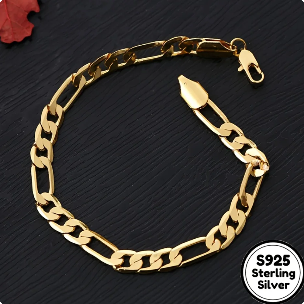 925 Sterling Silver Plated with Gold, 8mm Side Chain, Unisex Bracelet, Fashionable Hip Hop Jewelry Accessories