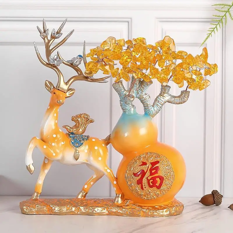 

Crystal Wealth Tree Lucky Gourd Apple Elk Deer Resin Adornments Store Office Figurines Decoration Home Cabinet Furnishing Crafts