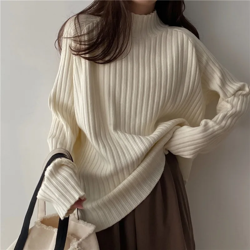 Women's Thickened Half-High Collar Knitted Sweater Long Sleeve Autumn Winter New Style plus Size Slimming Versatile Base Shirt