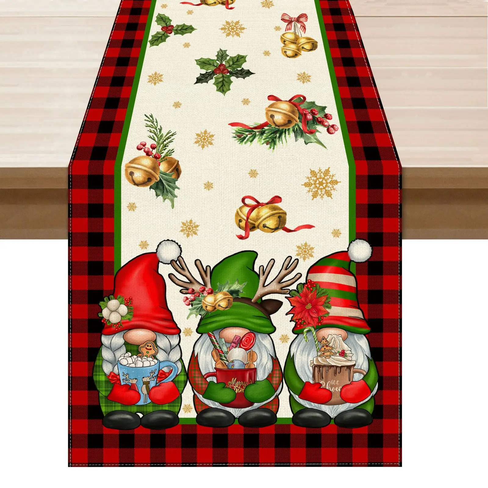 

Red Buffalo Plaid Gnome Bell Christmas Winter Xmas Table Runner Table Decoration for Party Home Kitchen Dining Holiday Decor