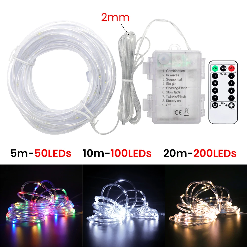 3AA Battery Box LED Rope String Lights 13key Remote 8 Modes Waterproof Clear PVC Tube Flexible Copper Wire Warm White Blue RGB