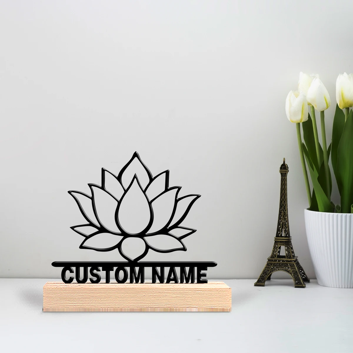 1 Stück Moderne Lotus-Statue mit Individuellem Text, Metall-Ornament, Metallskulptur mit Holzsockel, Kunsthandwerk für Zuhause und Tisch