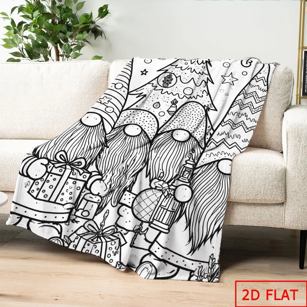 1pc 2D Flat Graffiti‑Style Christmas Elf & Tree Printed Throw Blanket, Minimalist Black‑White Line Decor Blanket