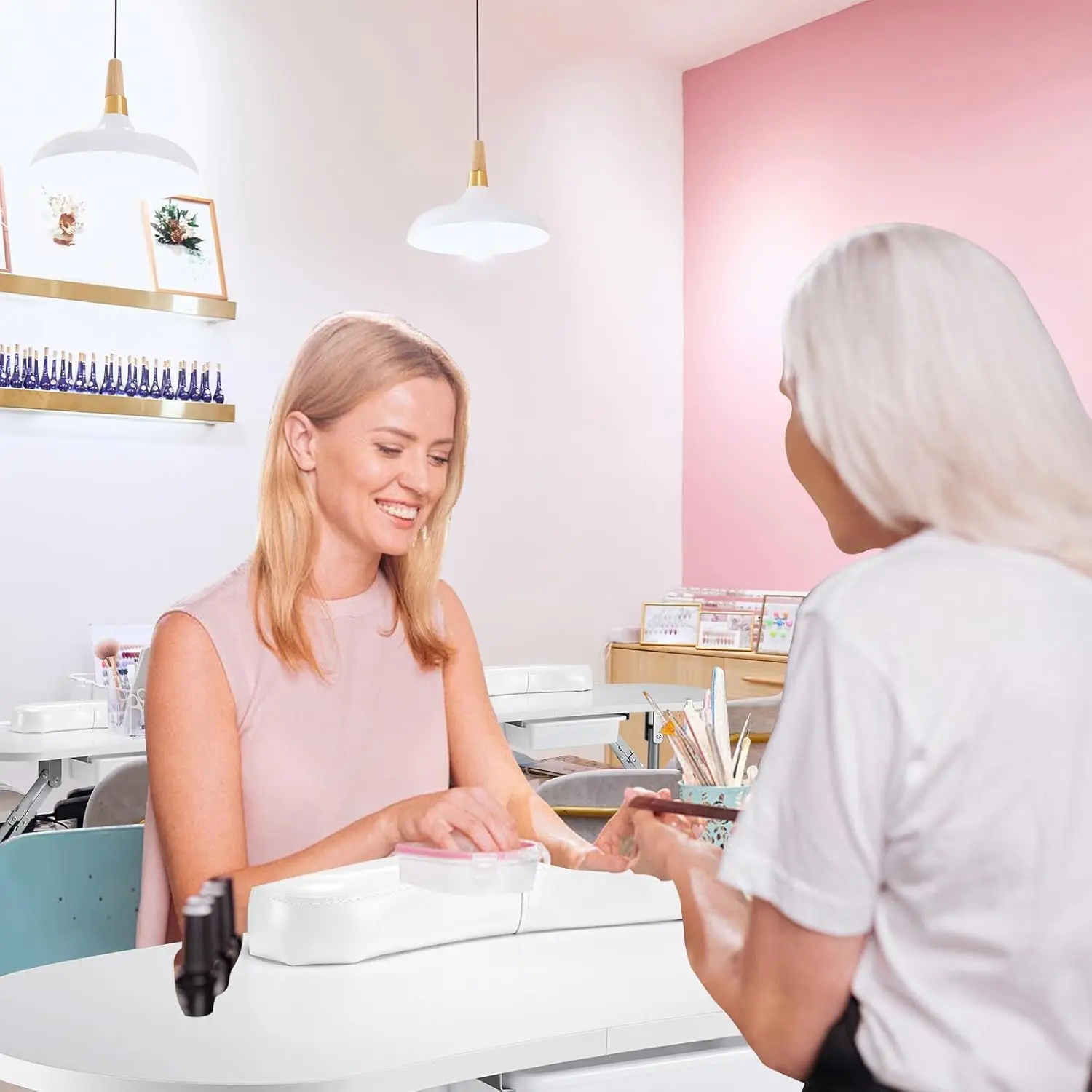 Professioneller und tragbarer Maniküretisch, Nageltechniker-Schreibtisch, Arbeitsplatz, 4 abschließbare Räder mit großer Schublade, Kunden-Handgelenkpolster