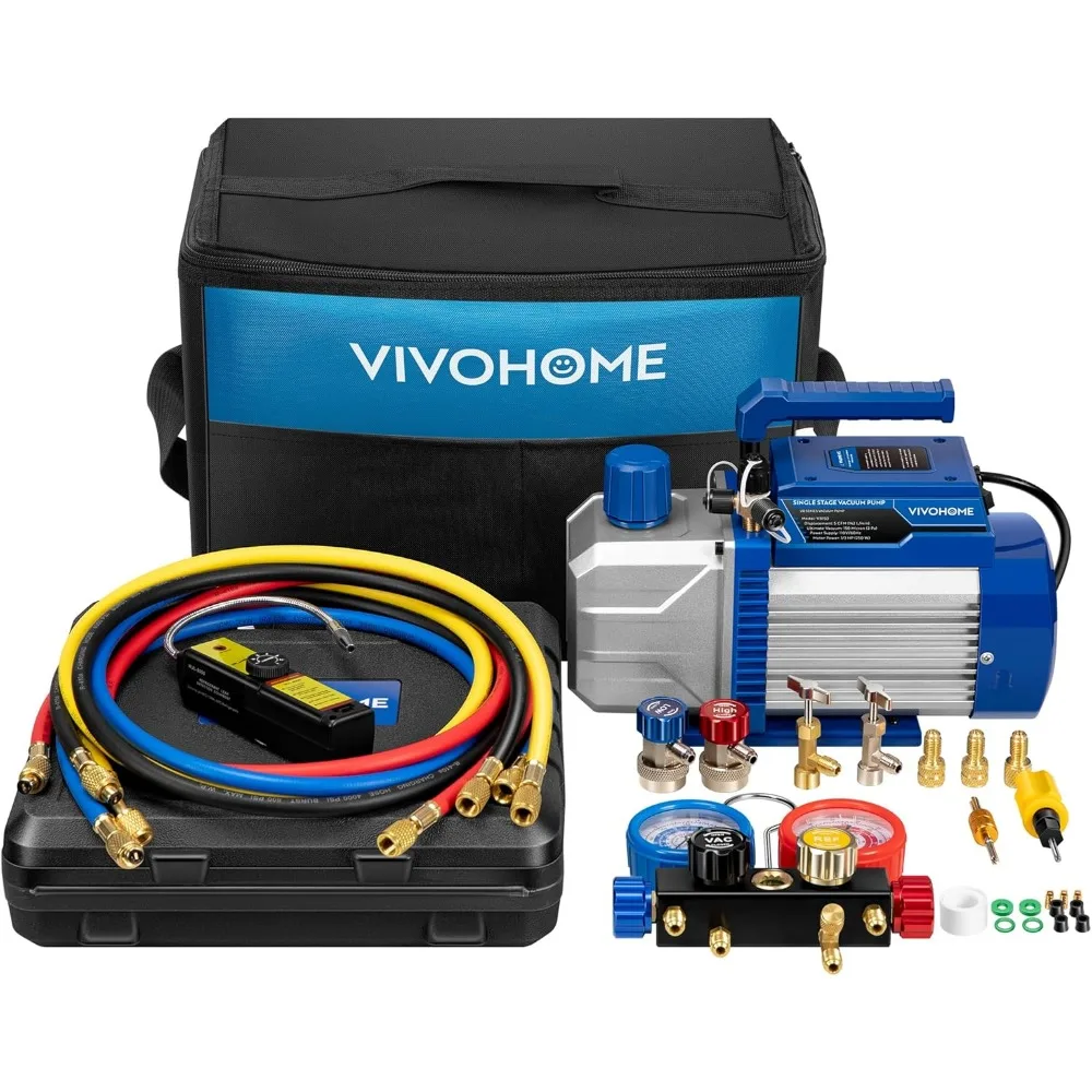 

110V 13HP 5CFM Single Stage AC Vacuum Pump with 4 Way Manifold Gauge Leak Detector 5ft Hoses for R134a R12 R22 R502 R410a