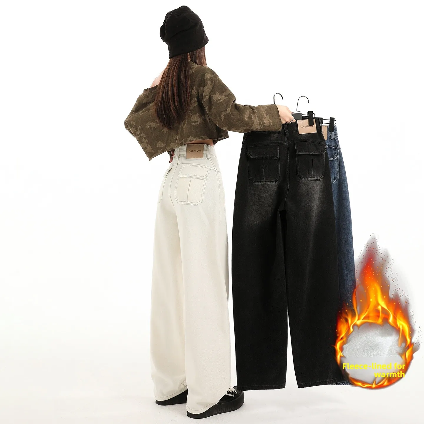 جينز صوف واسع الساق للنساء سراويل كاجوال مخملية فضفاضة للشتاء، مريحة ودافئة، سراويل جينز قطيفة عصرية بجيب Y2K #5