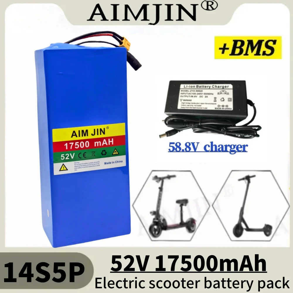 Batería de litio Panasonic de 52V 14S5P 17500mAh 18650 1500W para básculas de bicicleta, triciclos, cargadores de motocicletas 58,8V 2A