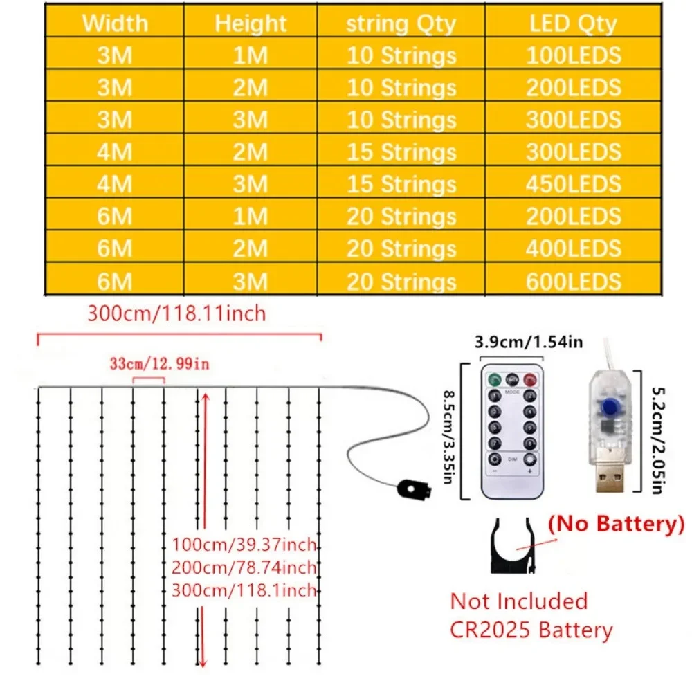 LED Garland Curtain Lights USB Power with 8 Modes Remote Control Fairy Lights String Wedding Christmas Decor for Home Bedroom