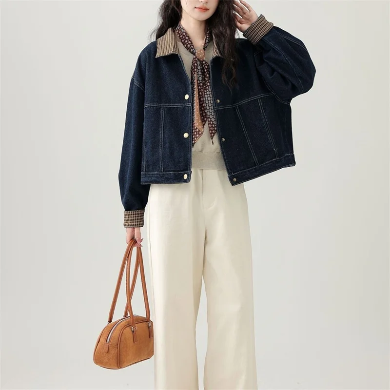 سترة من قماش الدنيم بتصميم خارجي مع طية صدر متباينة من قماش الدنيم سترة نسائية ربيعية عصرية للشيخوخة سترة واحدة الصدر المد