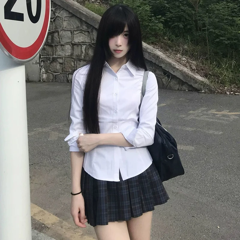 Harajuku Y2K Slim Fit White Shirt Women 2025 Waist Slimming Long Sleeve Jk Shirts Woman All Match Turn Down Collar Chic Blouse