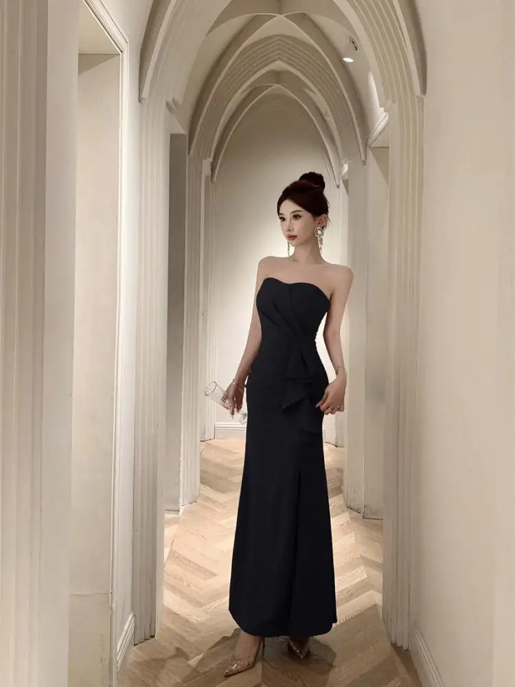 

Summer Black Elegant High Waist Ruffles Pleated Split Long Dress Women Red Sexy Backless Festival Strapless Party Evening Dress
