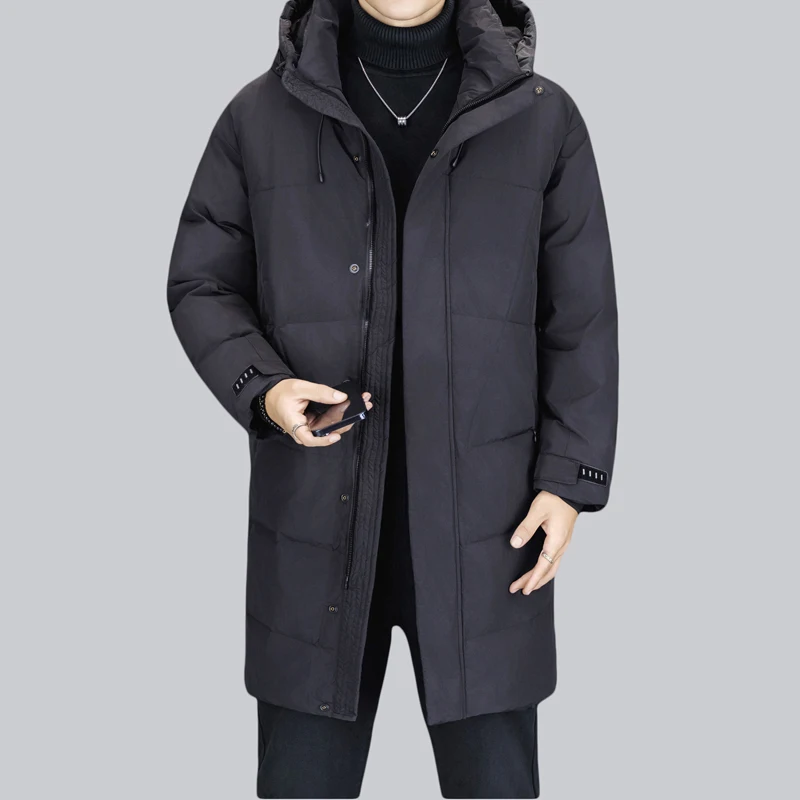 Luksusowa męska długa kurtka puchowa z kapturem na zimę 2025, ocieplana, wiatroodporna, casualowa, czarna, pogrubiona, wyściełana kurtka typu puffer.