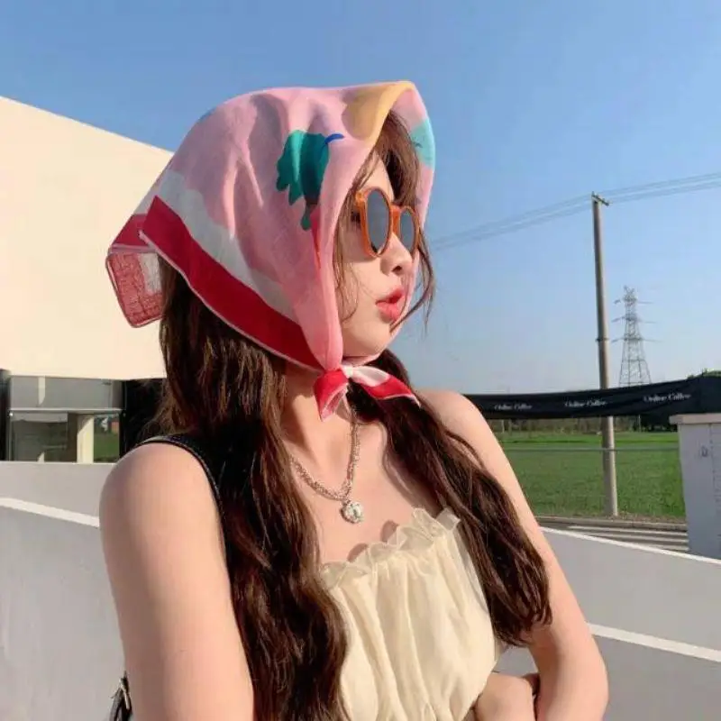 

Cotton Linen Floral Small Square Scarf Spring And Summer Fashion Women's Headscarf Bandana 58*58cm Handkerchief Decorative Scarf