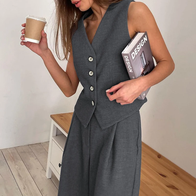 2-piece Set New in Fashion Solid Color V-neck Button Sleeveless Vest Tops Commuting Wide Leg Pants Women Two-piece Set 2024