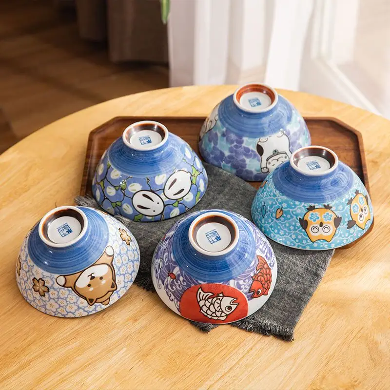 Japanese Imported Cartoon Ceramic Bowl Relief Tableware Household Children\'s Rice Bowls Cute Fortune Cat Small Ramen Bowl Gift