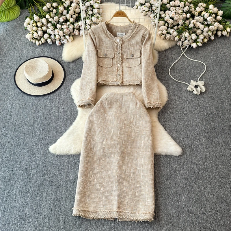 Autumn And Winter Small Fragrance Two Piece Skirt Set Socialite Elegant Coarse Woolen Coat+ High Waist Hip Hugging Skirt