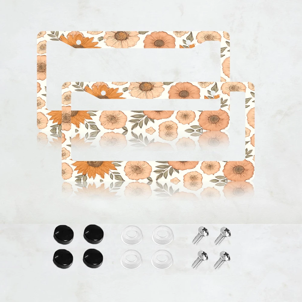 

2PC 2-Hole License Plate Frame, Orange Floral Design, Aluminum, 6x12 Inches, with Screws, Retro Novelty Car Decoration Gift