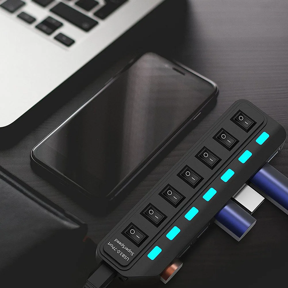 

7-Port USB 3.0 Hub Data Dock Holder Splitter Portable Multifunction Adapter LED Light Overload Protection Compact Travel Size