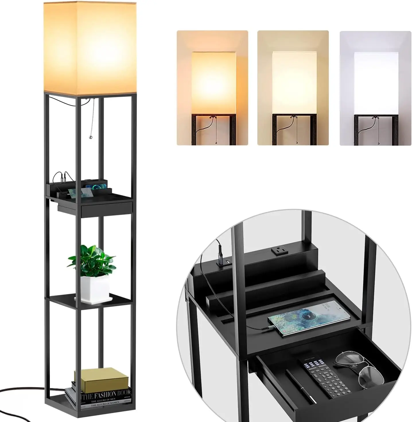 

Shelf Floor Lamps For Living Room,Tall Standing Lamp With Shelves And Drawer,2 Usb Charging Ports & 2 Power Outlet,Bright 3Cct