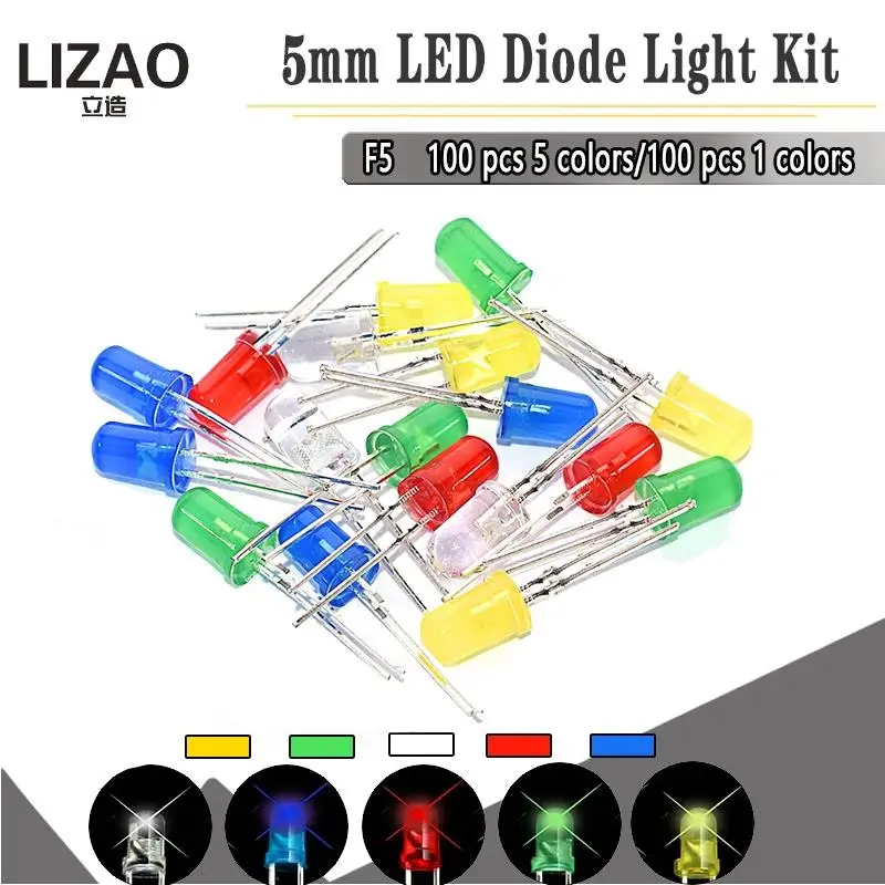 100PCS 5MM F5 LED Diode 5 mm Light Assorted Kit Green Blue White Yellow Red COMPONENT DIY kit