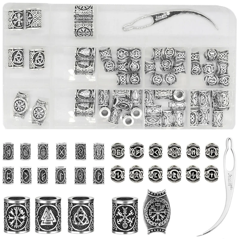 652F African Dirty Braid Hair Accessories Norwegian Nordic Viking Rune Alphabet Characters Ancient Silver Hairpin Set