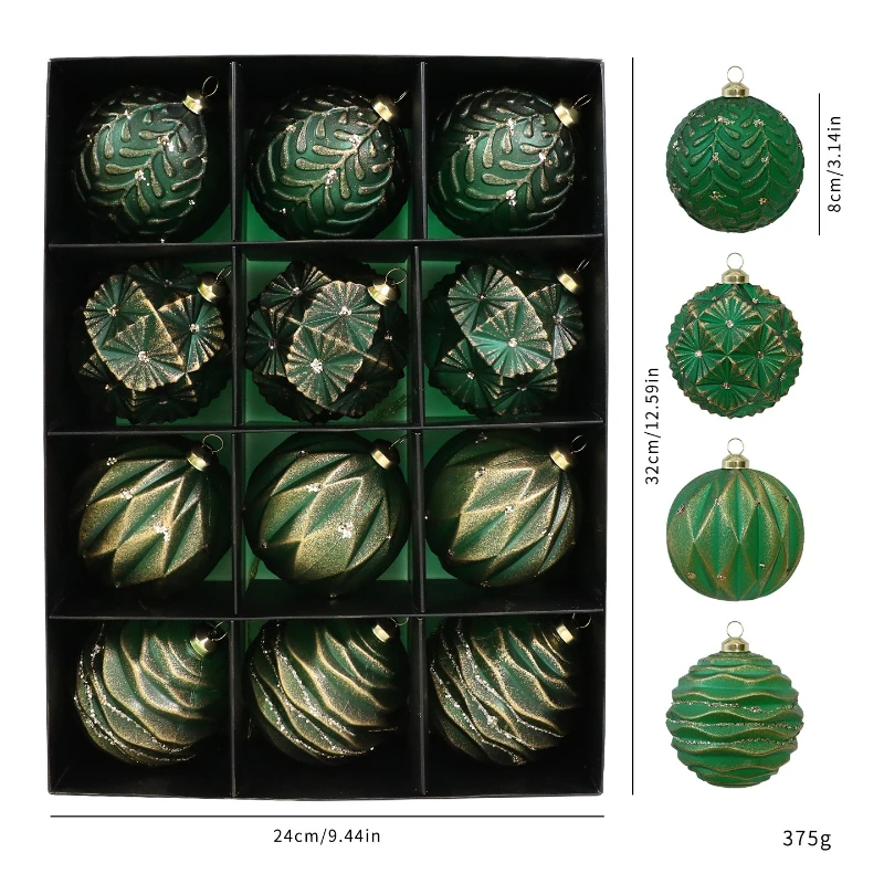 12個入り-8cm-レトロクリスマスボール-高級グリーンブラック-クリスマス装飾-吊り下げオーナメント-パーティー-クリスマス球-ペンダント-2025