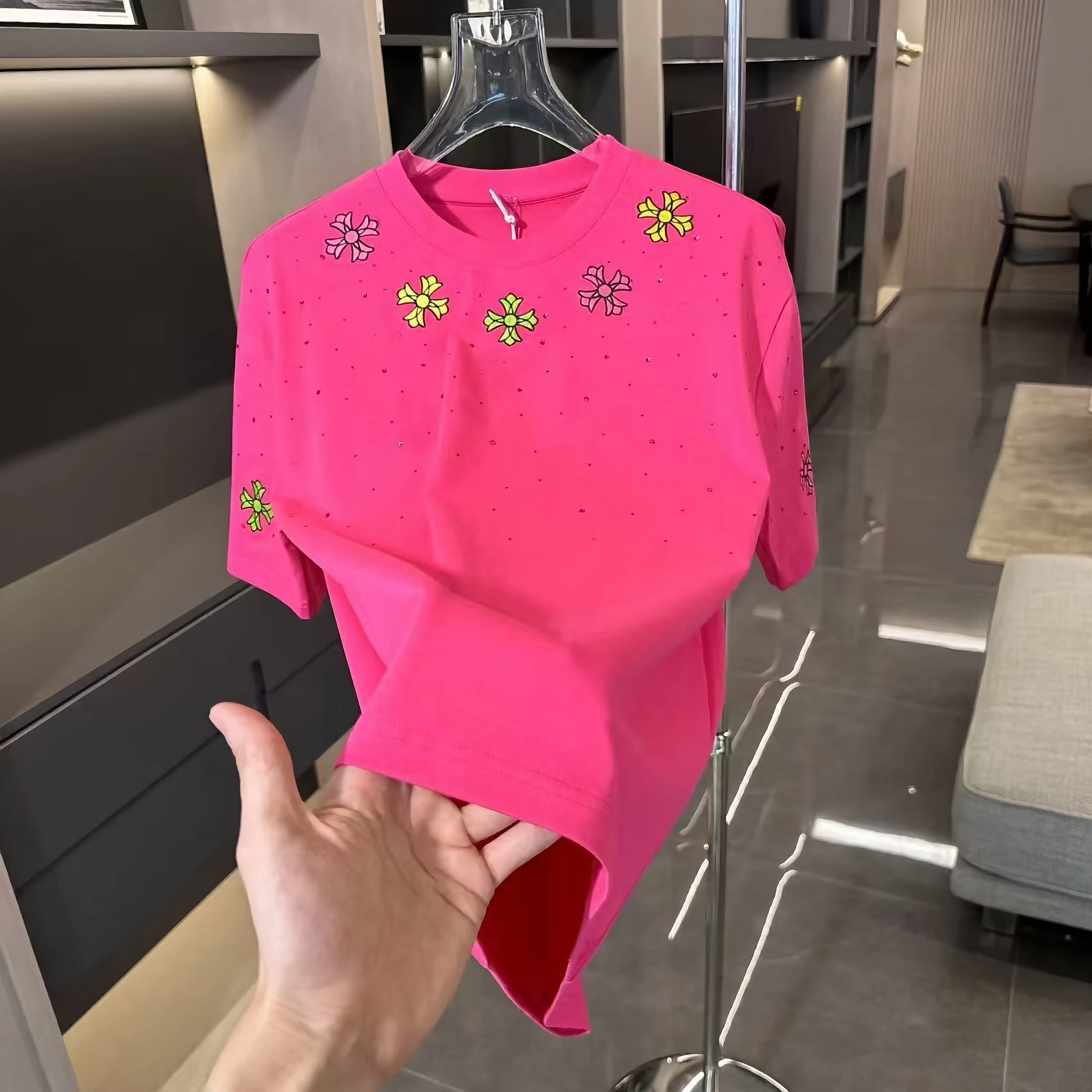 Streetwear Trendy Fashion Casual Summer Mens Clothing Diamond Loose Round Neck Embroidered Short Sleeve Oversized T-Shirts Men