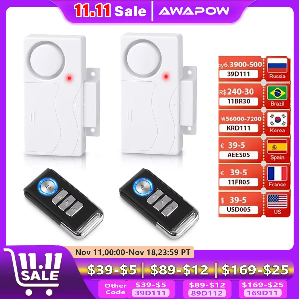 Awapow Wireless Door Alarm With Remote Control Anti-Theft Door And Window Security Alarms Home Security Sensor Burglar Alarms