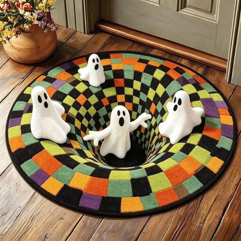 3D Checkered Vortex Ghost Round Floor Rug, Colorful Halloween Grid Ghost Print Circular Carpet, Spooky Illusion Decor Mat