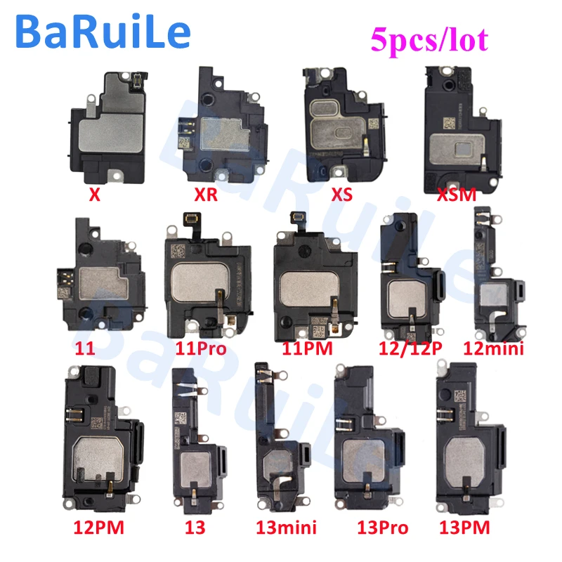 BaRuiLe 5pcs Loud Speaker For iPhone X XS Max XR 11 12 13 Pro Max Buzzer Ringer Loudspeaker Flex Cable Ribbon Replacement Parts