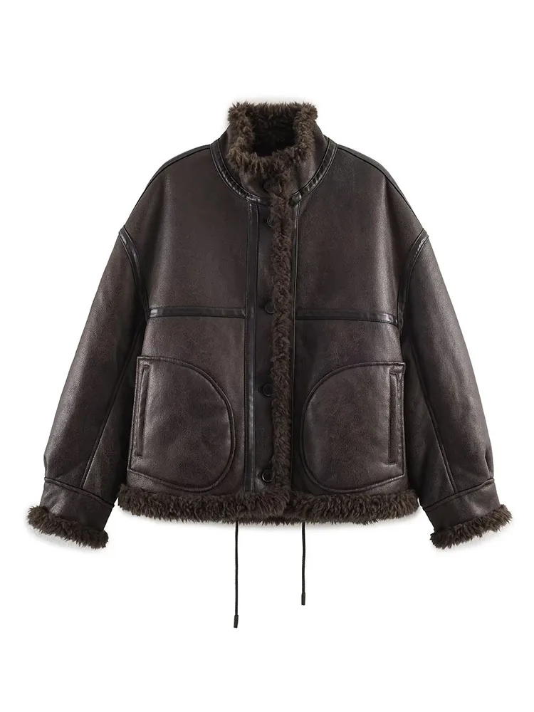 

HH Women's Winter Fashion Simple Fur Integrated Reversible Bomber Jacket Female Loose Versatile Stand Collar Casual Warm Jacket