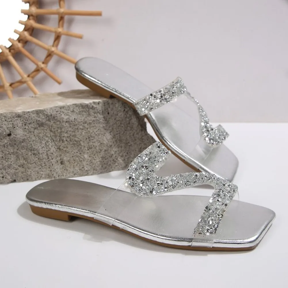 2026 Sexy Damen-Sandalen Sommer Strand Flache Sandalen mit Strass Damen Modenschau Bequeme Leichte Schuhe Sandalias Femininas – Detail 5