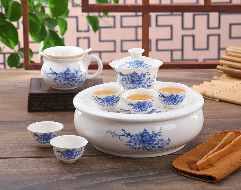 8pcs Set, Bone China Gongfu Tea Pot and Cup Ceramic Traditional Chinese Sett, Porcelain Gaiwan Ceremony Set